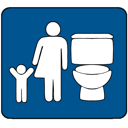 a blue bathroom sign, on the left is a symbol of a child holding the hand of the gender neutral bathroom symbol, on their right is a symbol of a toilet